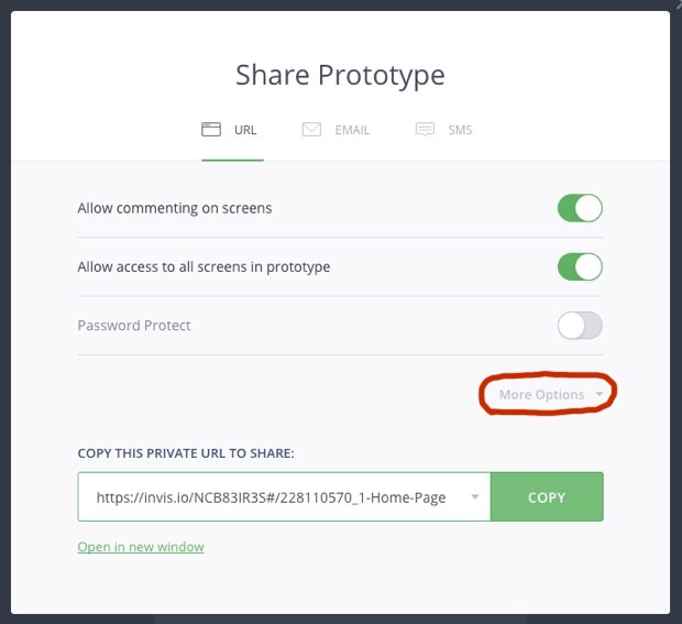 Viewing more options when sharing an inVision prototype