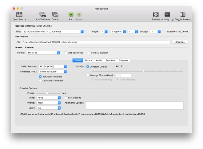Handbrake video compression app screenshot.