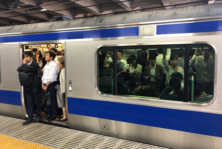 Packed subway car in Tokyo.