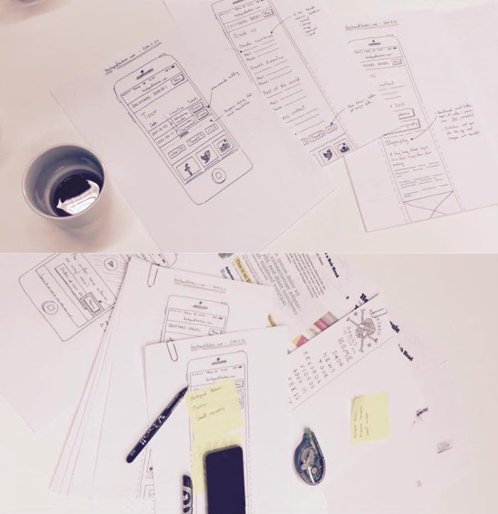 Several paper wireframes of the Backyard babies website for a meeting.