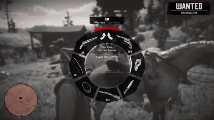 Using the in-game wheel menu to equip weapons.