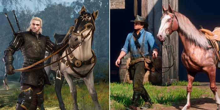 Geralt of Witcher 3 and Arthur of Red Dead Redemption 2 with their horses