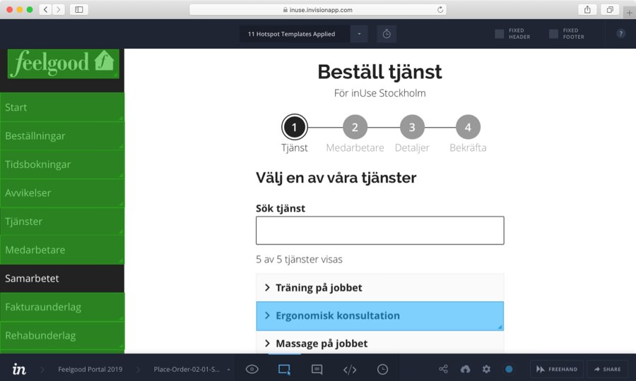 Setting up clickable areas in the InVision prototype of the Feelgood Web Portal.