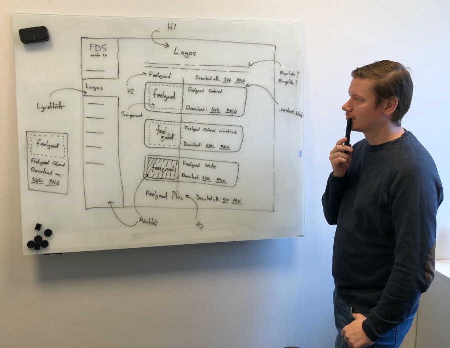 Adam looking at a whiteboard sketch.