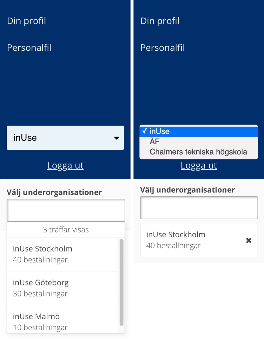 Combined screenshots of filtering content in the Feelgood Web portal by selecting a different sub-organization.