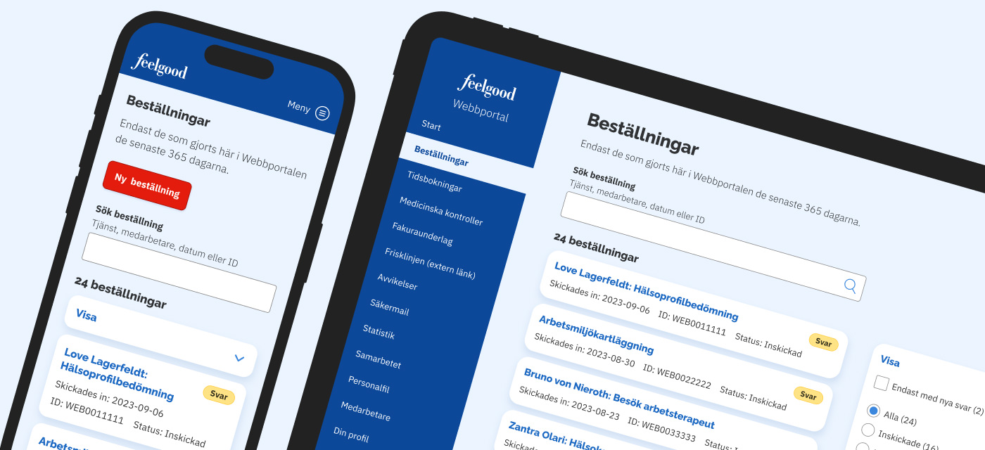 Illustration of the Feelgood Web Portal shown on an iPhone and on an iPad.