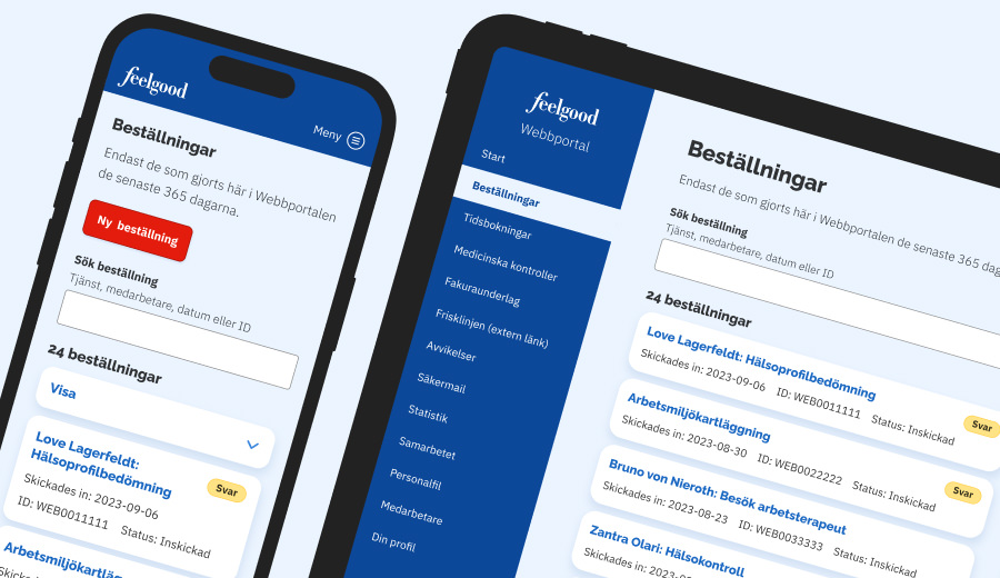 Illustration of the Feelgood Web Portal shown on an iPhone and on an iPad.