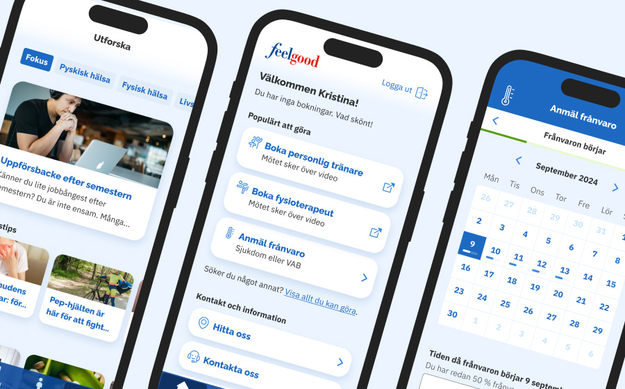 Illustration of three iPhones running the Feelgood app showing the individual start page after signing in.