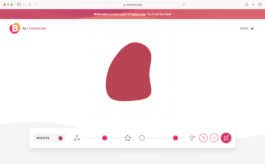 Screenshot of the website blobmaker.app. In the middle you see a big red blob. In the bottom there's some controls for editing this blob.