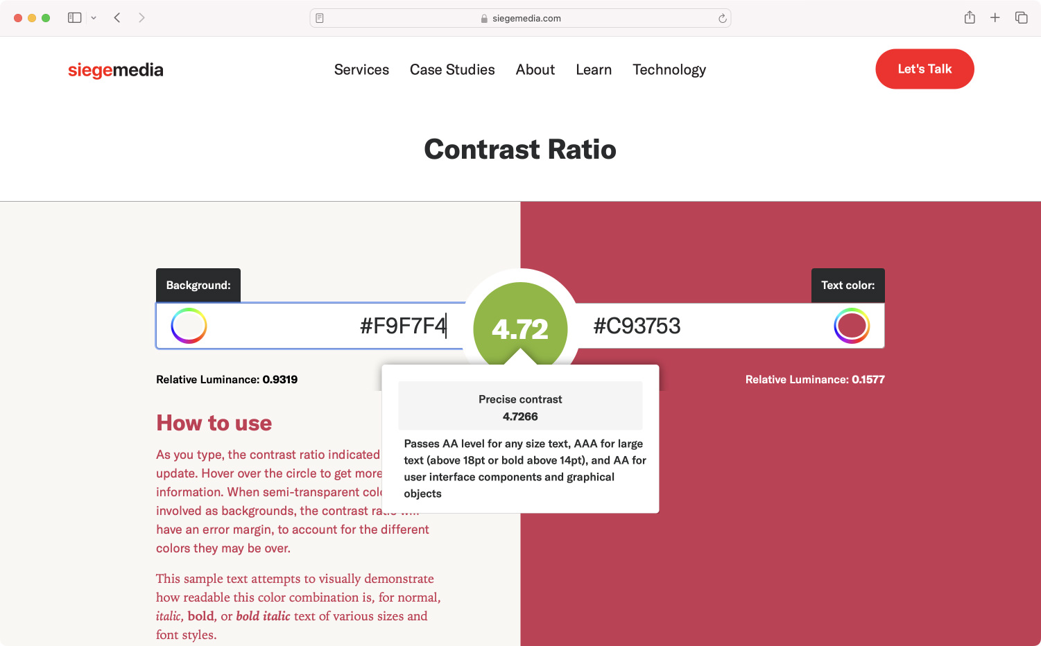 Screenshot of the website siegemedia.com/contrast-ratio. Contrast between a shade of dark red  and a shade of light beige is measured.