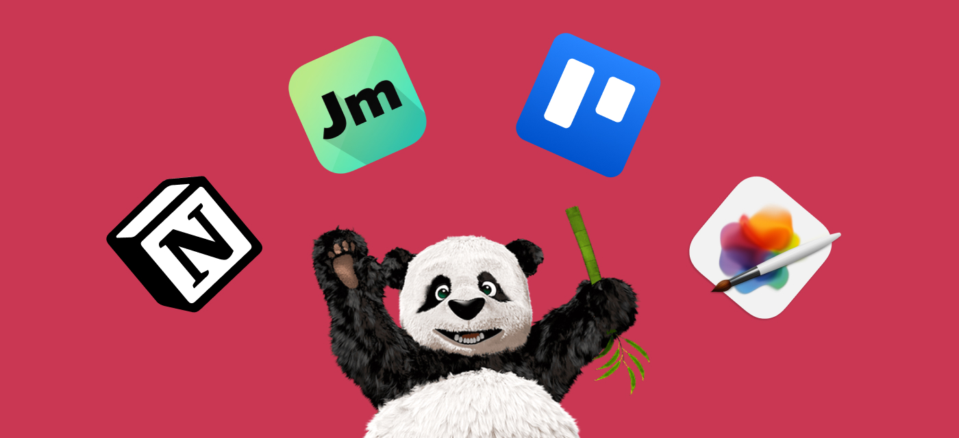Illustration of a smiling panda with its arms up in the air. Above its head is four app icons: Notion, JPEGmini, Trello, and Pixelmator Pro.