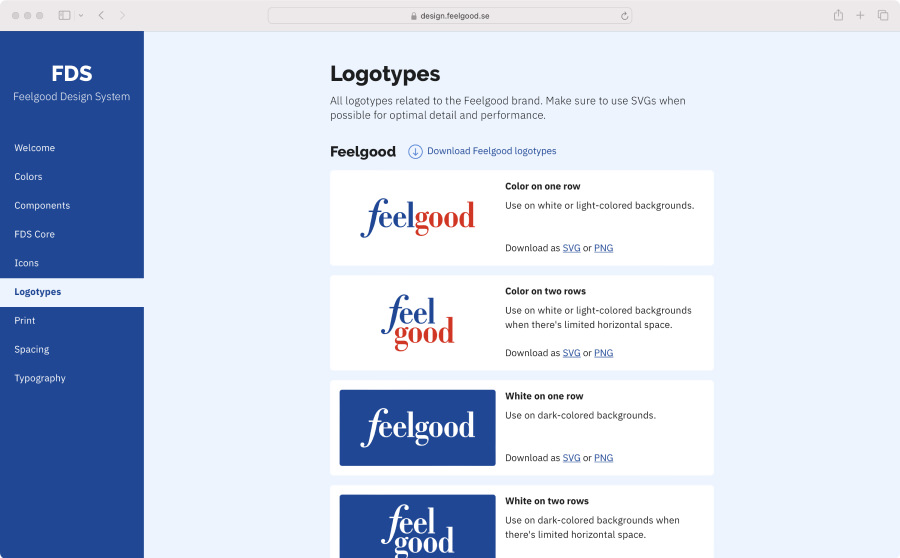 Screenshot of the logotype page on design.feelgood.se.