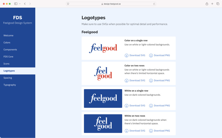 Screenshot of the logotype page on design.feelgood.se.