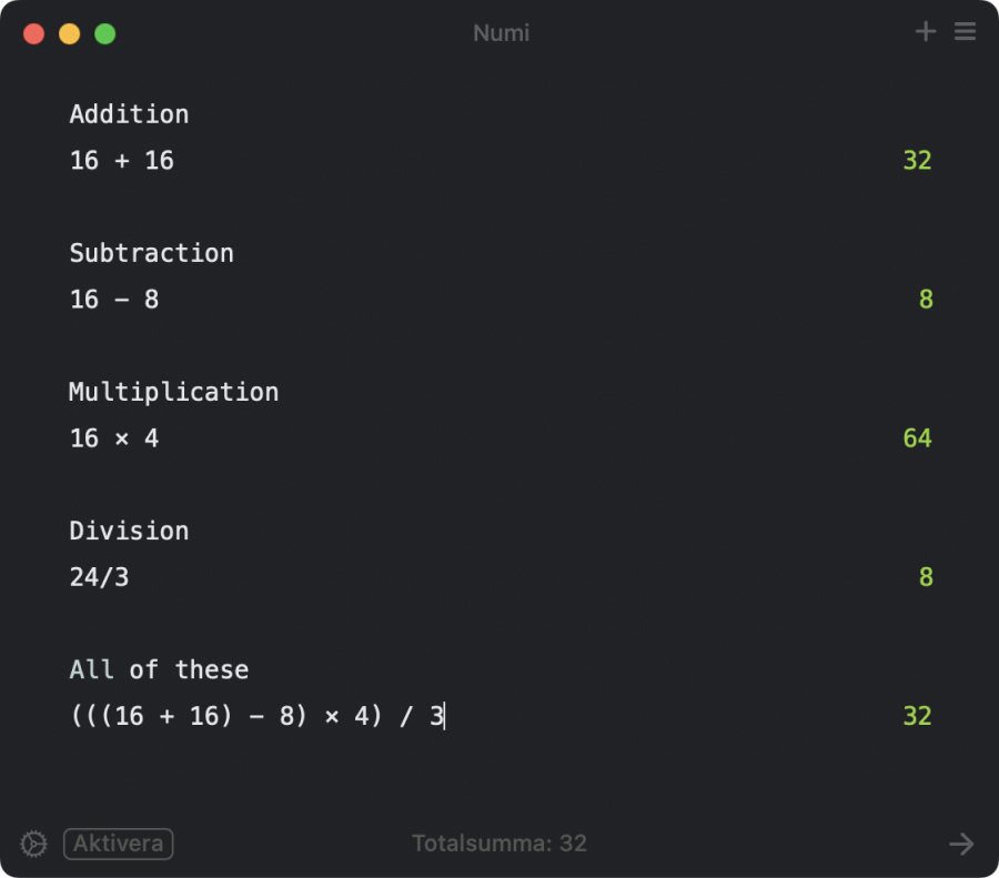 Screenshot of the calculator app Numi. It has some notes and simple math entered.