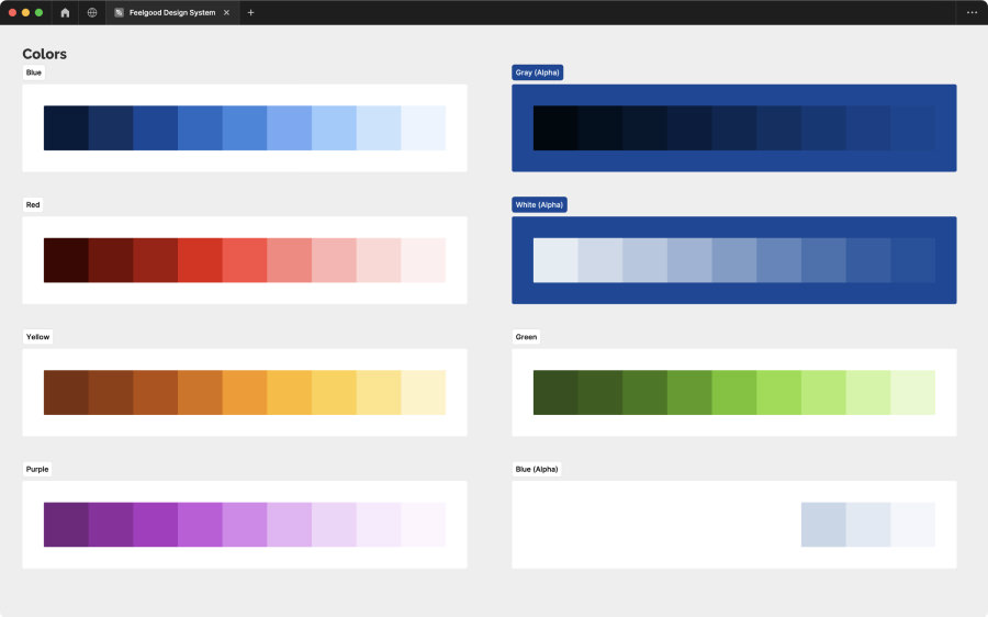 Eight color palettes presented in the Figma file for Feelgood Design System. The colors are blue, red, yellow, purple, gray (transparent), white (transparent), green and blue (transparent).