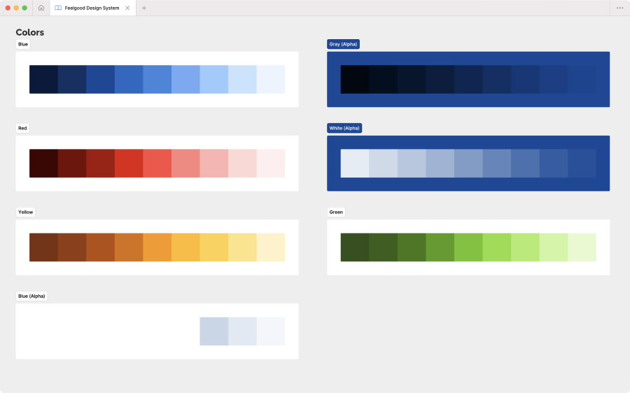 Eight color palettes presented in the Figma file for Feelgood Design System. The colors are blue, red, yellow, purple, gray (transparent), white (transparent), green and blue (transparent).