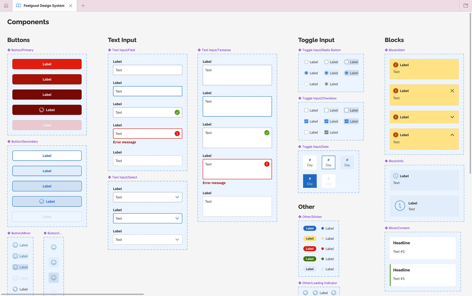 Some of the components in the Figma file for the Feelgood Design System.
