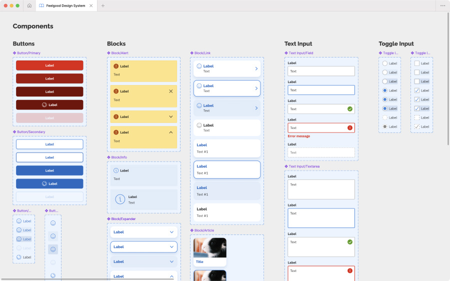 Some of the components in the Figma file for the Feelgood Design System.