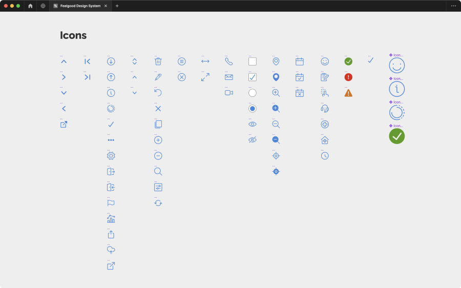 Lots of mostly blue icons aligned in several columns in Figma.