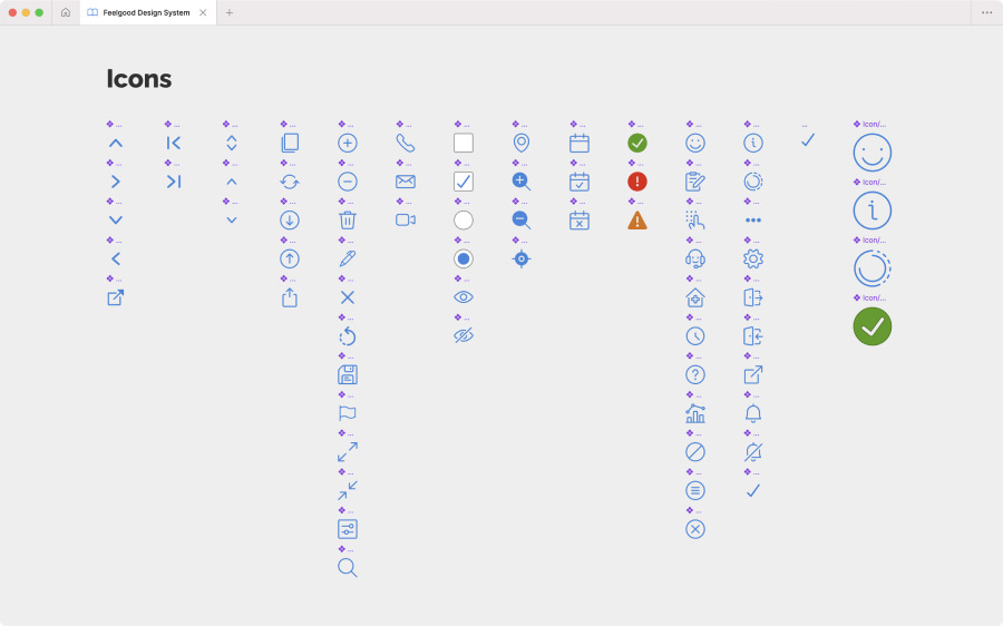 Lots of mostly blue icons aligned in several columns in Figma.