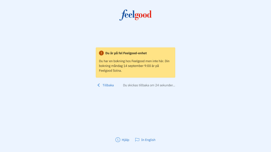 Screenshot of the Feelgood Visitor Registration showing a failed appointment registration.