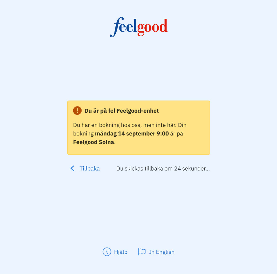 Screenshot of the Feelgood Visitor Registration showing a failed appointment registration.