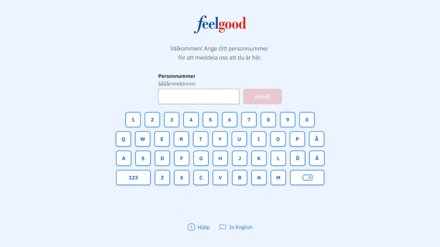 Screenshot of the Feelgood Visitor Registration when entering your personal identity number with a full keyboard.