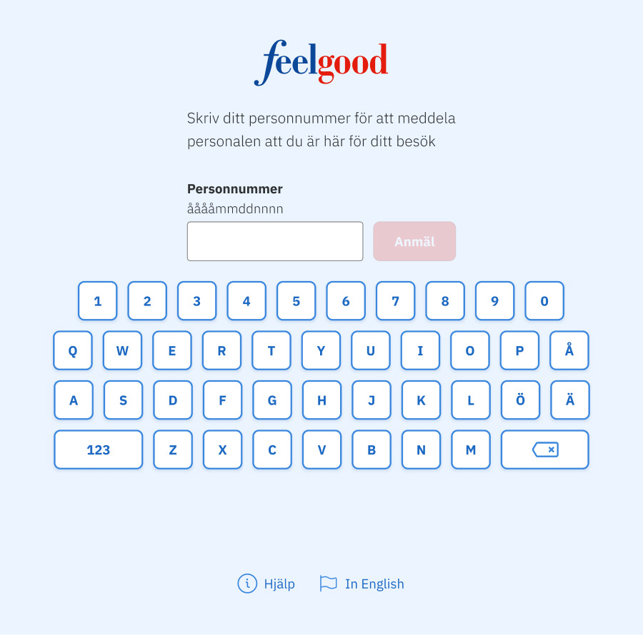 Screenshot of the Feelgood Visitor Registration when entering your personal identity number with a full keyboard.