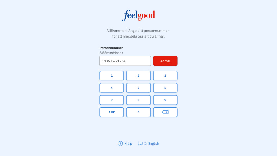Screenshot of the Feelgood Visitor Registration when entering your personal identity number with a numpad.
