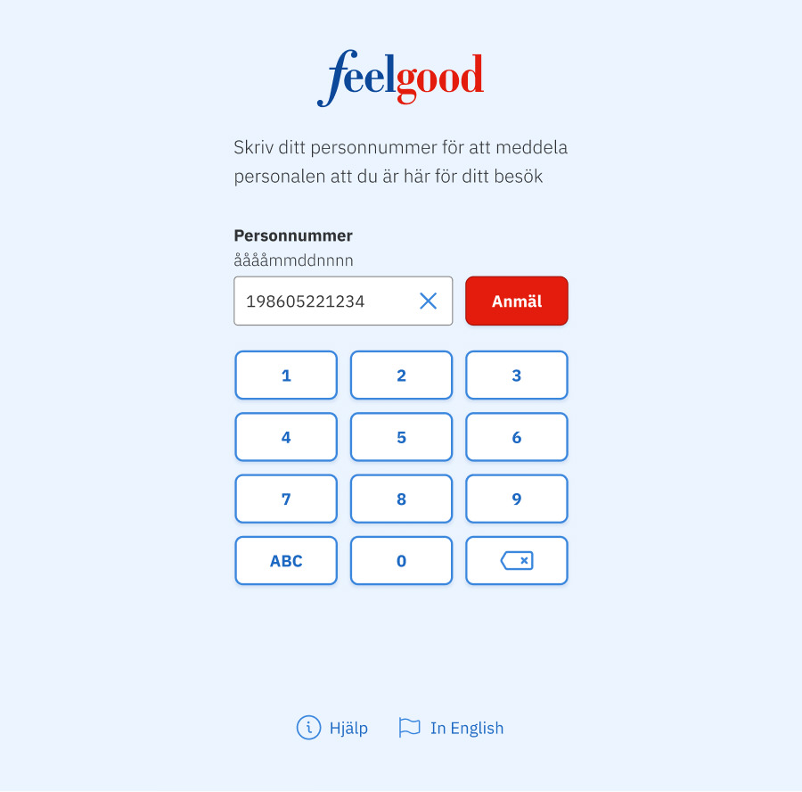 Screenshot of the Feelgood Visitor Registration when entering your personal identity number with a numpad.