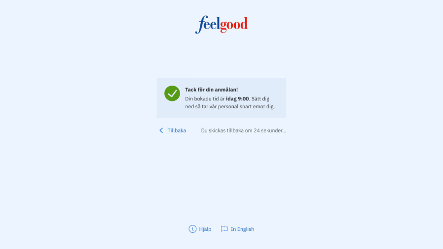 Screenshot of the Feelgood Visitor Registration showing a successful appointment registration.