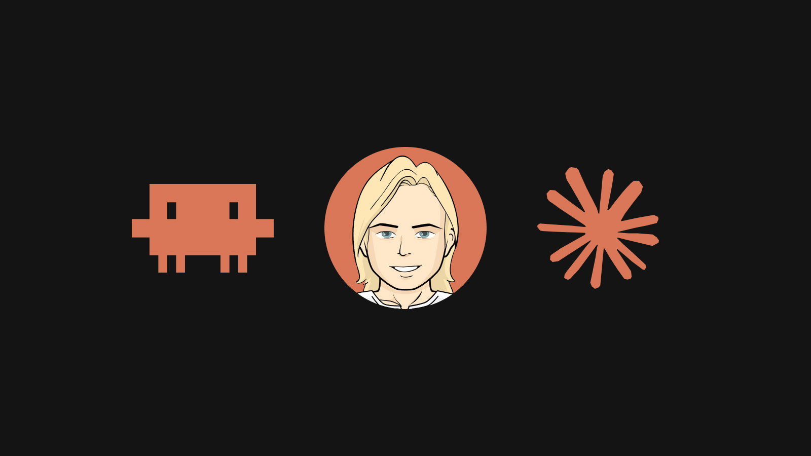 The illustrations on black canvas. The Claude Code mascot, an avatar of Alexander, and the Claude AI logo.