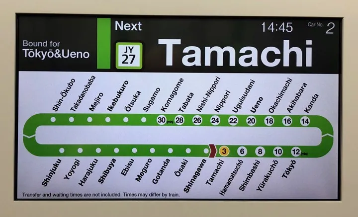 Screen with upcoming stations in a subway car