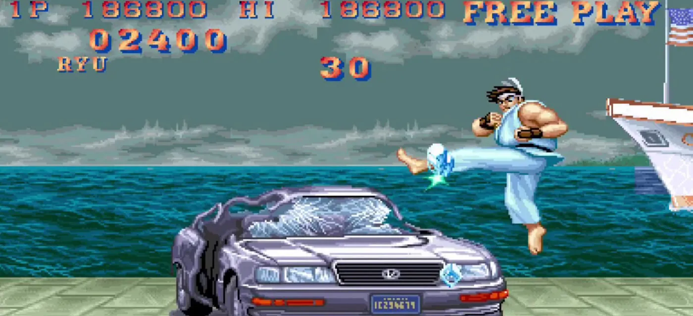 Character destroying car in Street Fighter 2 bonus level