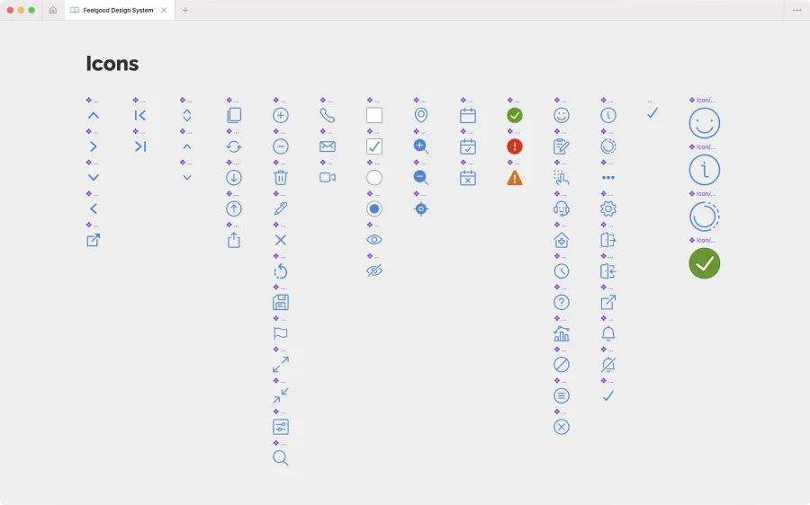 Lots of mostly blue icons aligned in several columns in Figma.