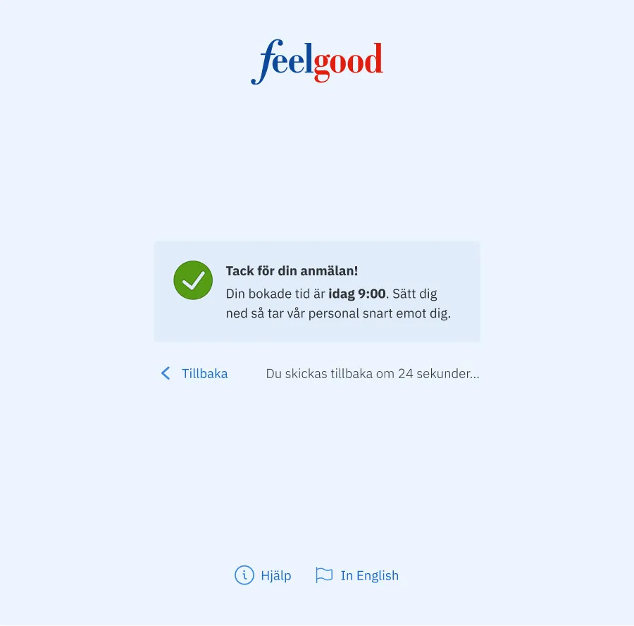 Screenshot of the Feelgood Visitor Registration showing a successful appointment registration.